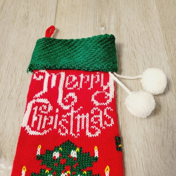 Vintage Knit Christmas Holiday Stocking With Merry Christmas & Tree Design - Picture 2 of 6